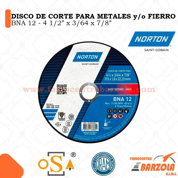 DISCO DE CORTE PARA METALES Y/O FIERRO 4" - NORTON