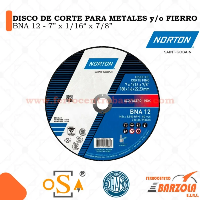 DISCO DE CORTE PARA METALES Y/O FIERRO 7" - NORTON