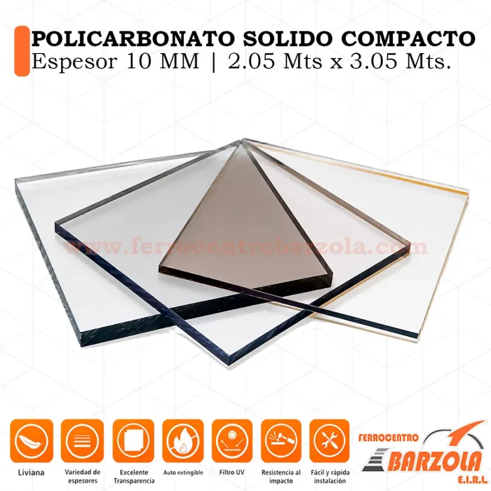 Policarbonato Solido Compacto Espesor 10mm - 2.05mts x 3.05mts