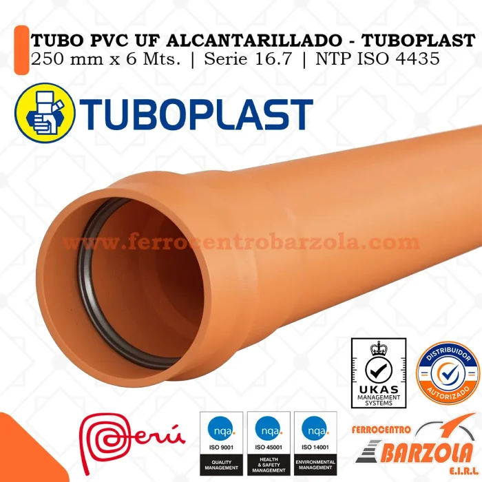 Tubo PVC UF NTP ISO 4435 Alcantarillado S-16.7 250 MM x 6 MTS - TUBOPLAST